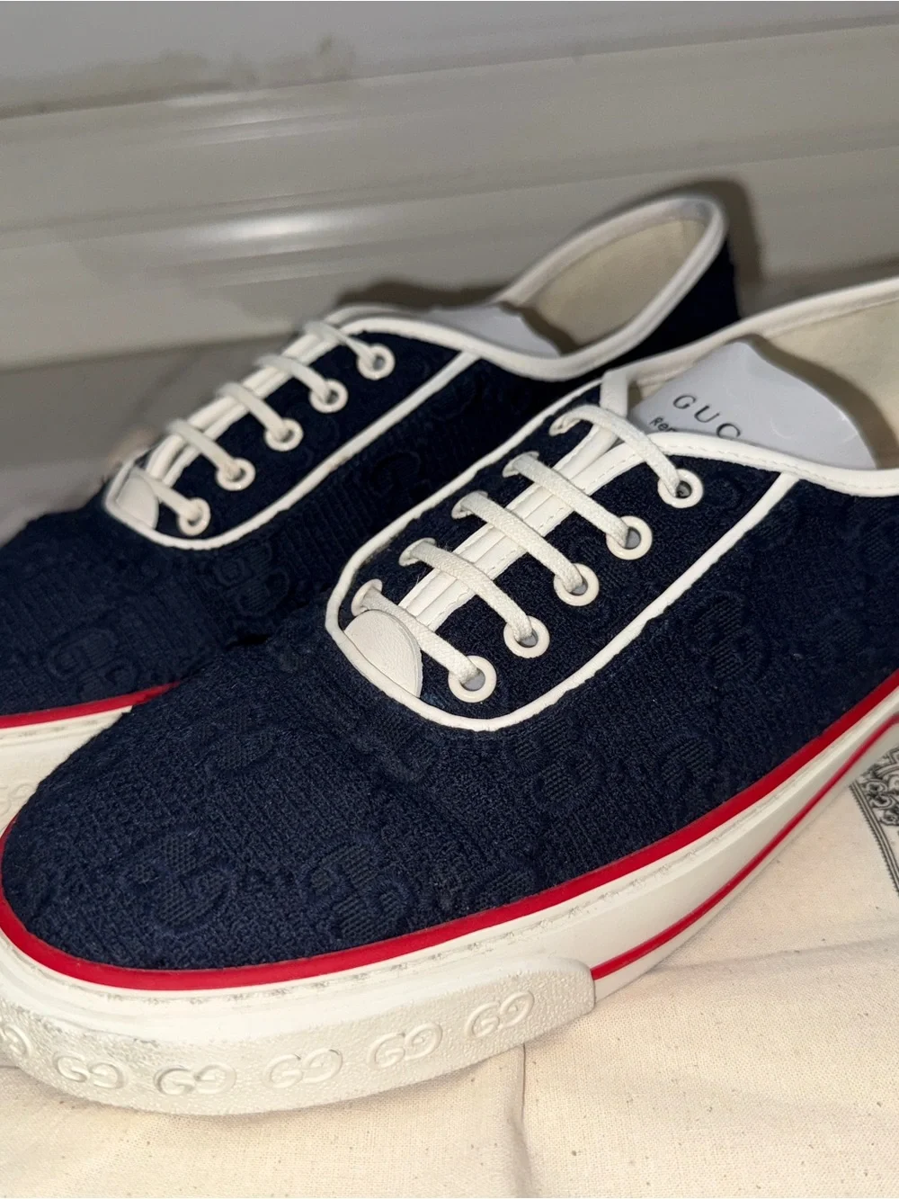 Gucci Black GG Canvas Low-Top Sneakers with White Trim and Red Stripe
